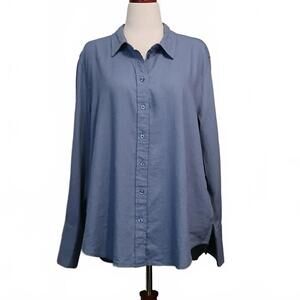 NEW Ellen Tracy Solid Linen Button-Down Top‎ in Dust Blue, Size XL